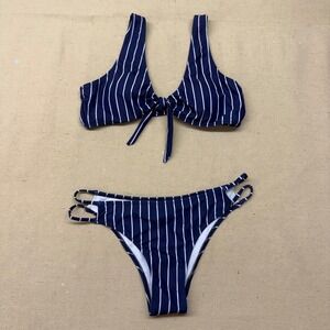 BloomingJelly Navy/ White Striped Front Tie Bikini Set Strappy Side Bottoms Sz M